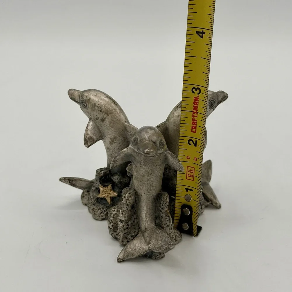 Vintage Three Dolphins Solid Pewter Stand Statue Figurine Paper Weight 1994